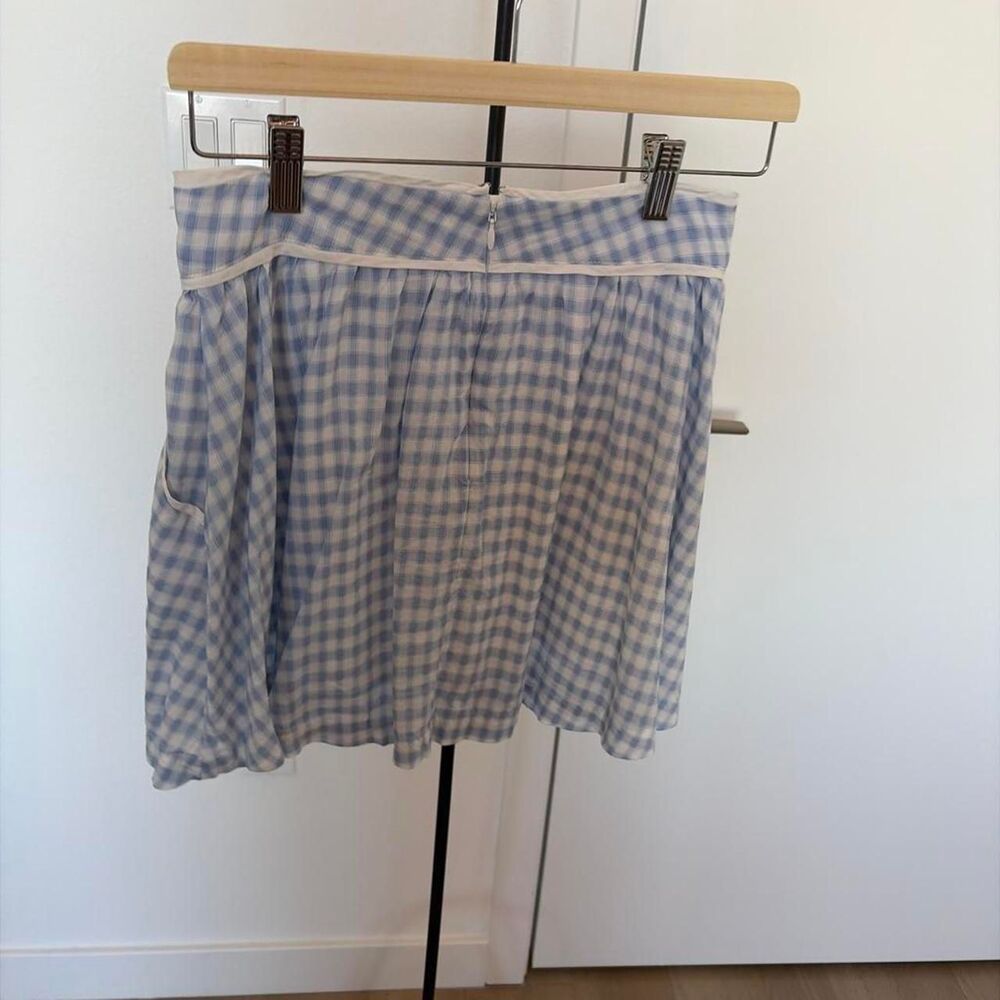 Reformation Piper Mini Skirt Gingham Blue Crystal Check Size 4 - Picture 2 of 4